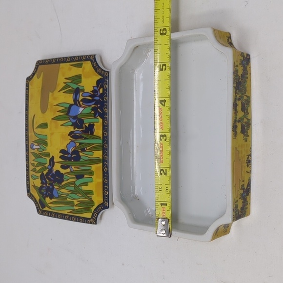 Trinket Box Ceramic Cover Floral Purple Iris Enesco 1979 Jewelry Yellow Gold 6" - Picture 5 of 9